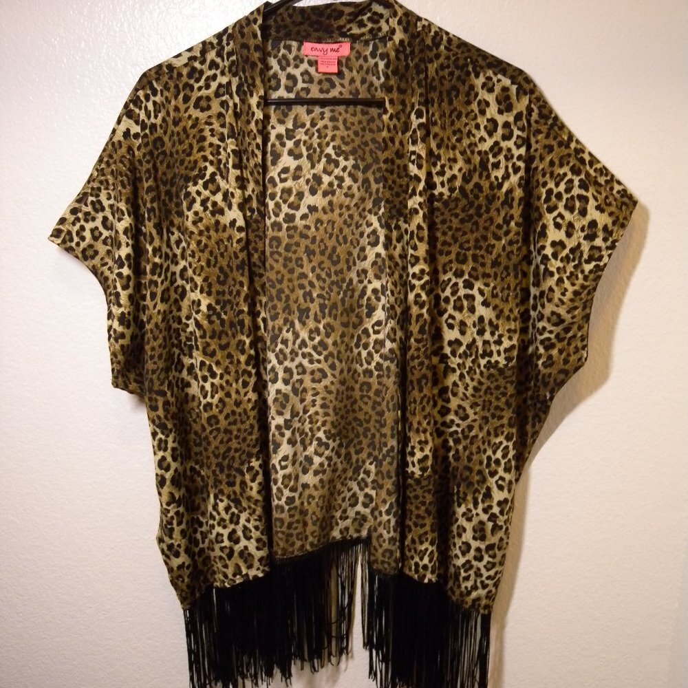 Envy Me Leopard Print Open Front Fringe Top Size: Large
